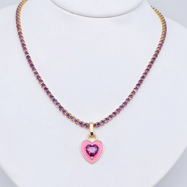 Enamel Heart Charm Gold Plated Cubic Zirconia Chain Necklace: Pink