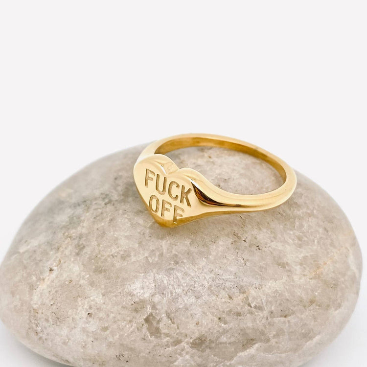 "Fuck Off" Heart-shaped 18K Gold Plated Stee Ring - FGS: 7