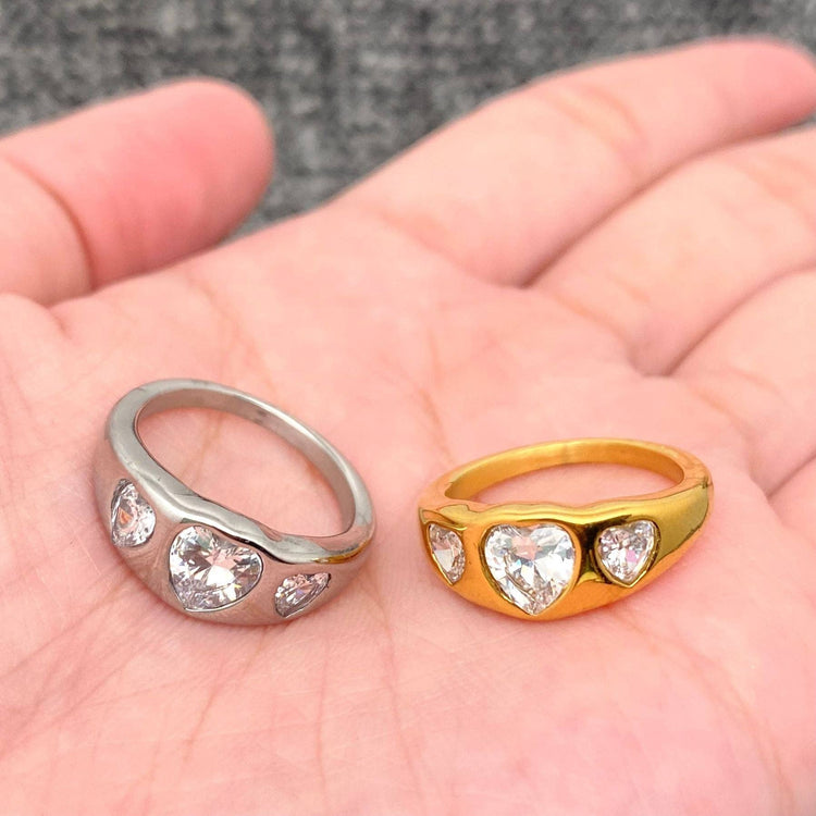 FGS - Triple Heart Zircon 18K Gold Plated Stainless Steel Ring: Steel color / 9