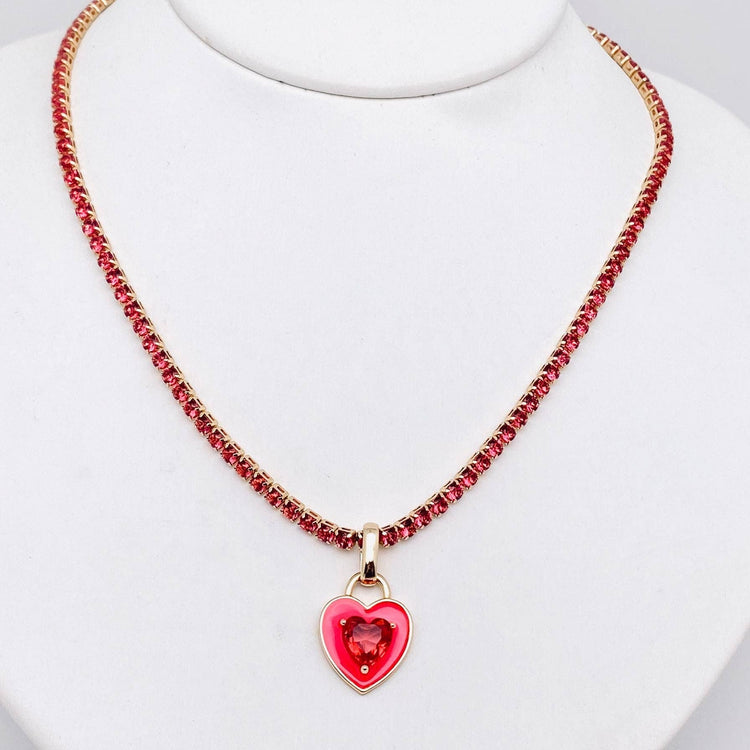 Enamel Heart Charm Gold Plated Cubic Zirconia Chain Necklace: Pink