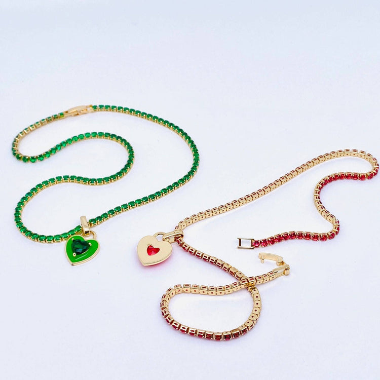 Enamel Heart Charm Gold Plated Cubic Zirconia Chain Necklace: Pink