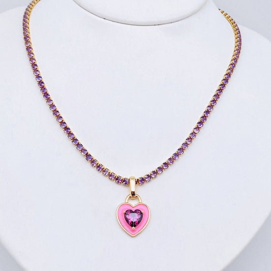 Enamel Heart Charm Gold Plated Cubic Zirconia Chain Necklace: Pink