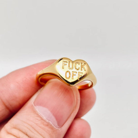 "Fuck Off" Heart-shaped 18K Gold Plated Stee Ring - FGS: 7