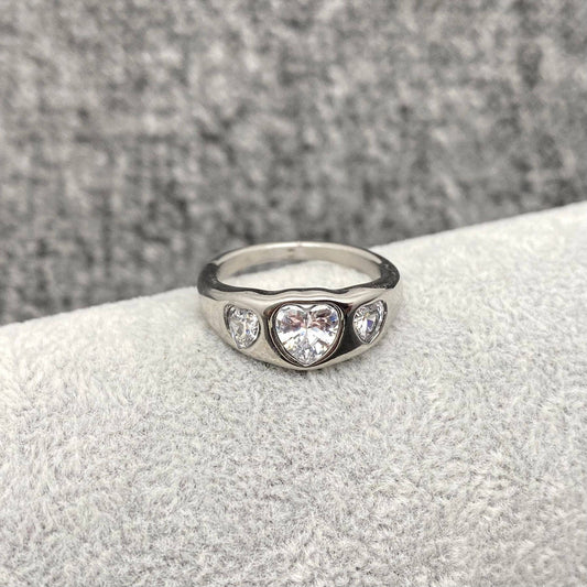 FGS - Triple Heart Zircon 18K Gold Plated Stainless Steel Ring: Steel color / 9
