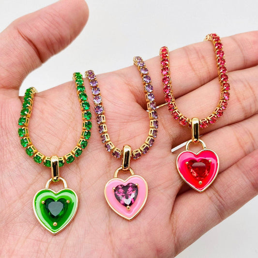 Enamel Heart Charm Gold Plated Cubic Zirconia Chain Necklace: Pink